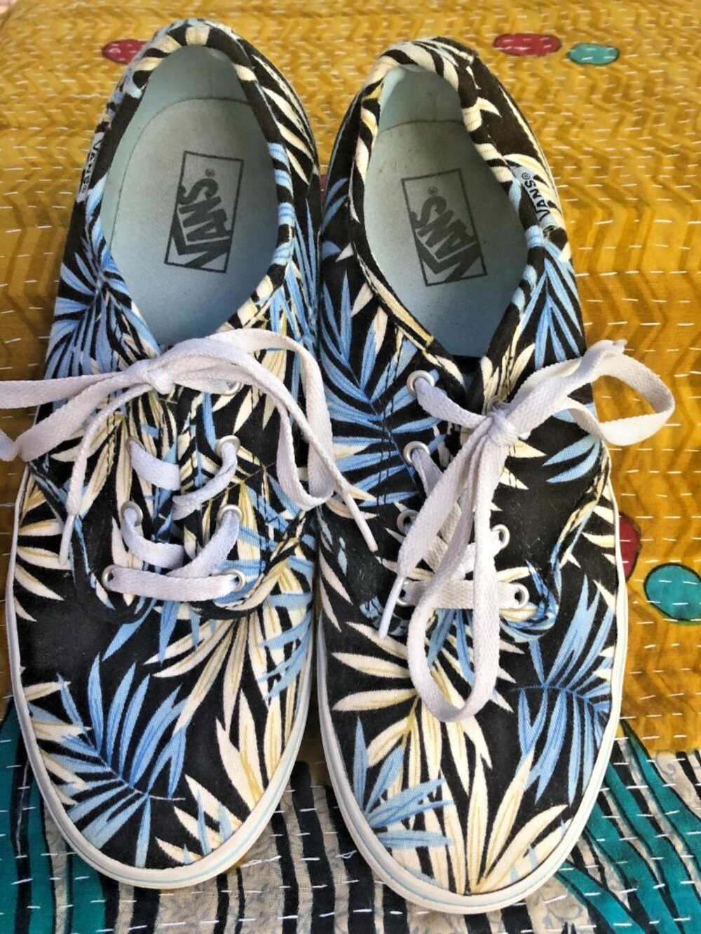 Vans Off The Wall Missy Blue yellow Floral Palm Leaf Print Size 6